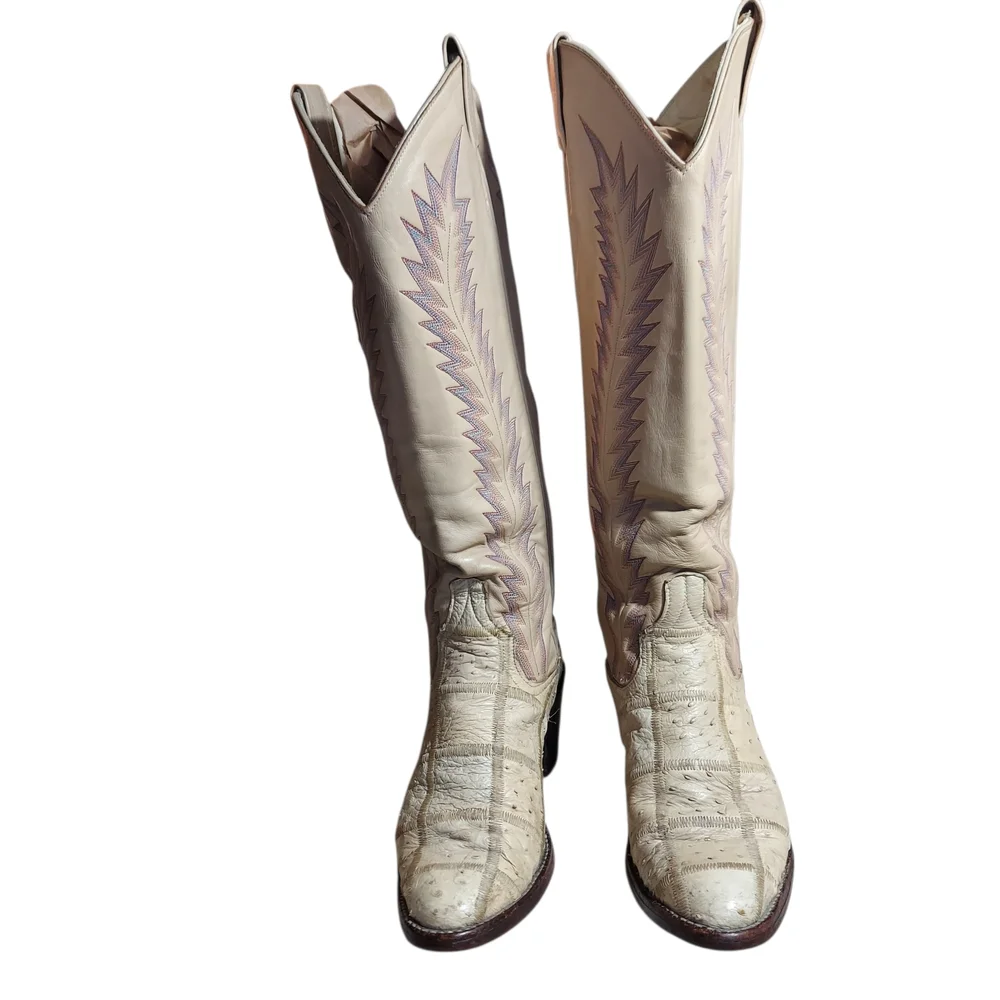 Vintage Larry Mahan Ivory Western Cowboy Boots Ostrich Print Tall USA - Picture 3 of 16